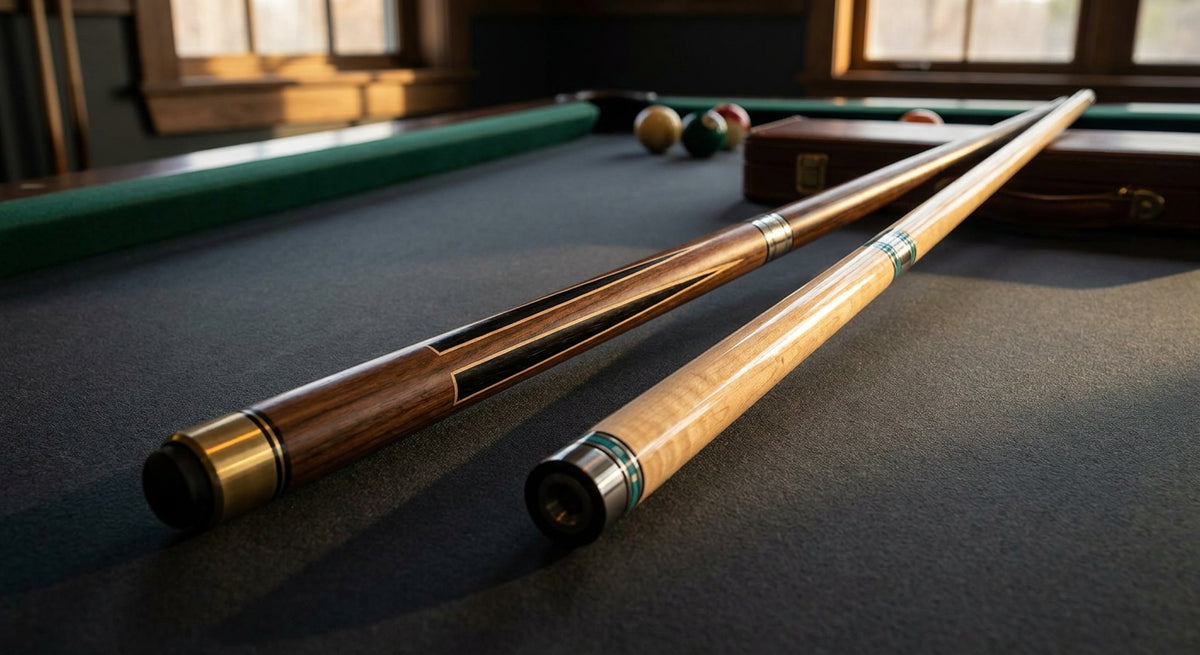 Two pool cues resting side by side on a dark billiard table with green felt, highlighting their distinct construction details under dramatic studio lighting.