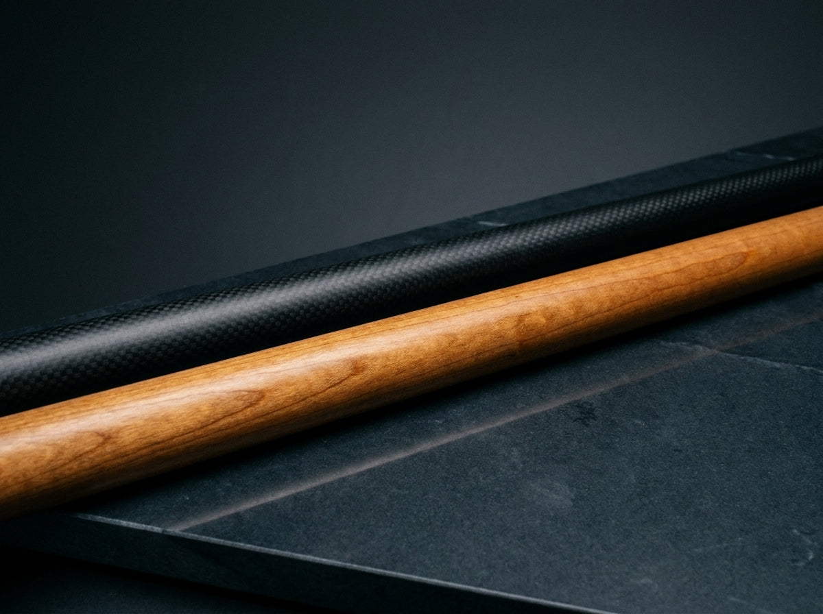 Two pool cue shafts — one carbon fiber and one maple — resting side by side on a dark polished surface under dramatic studio lighting, highlighting their contrasting textures.