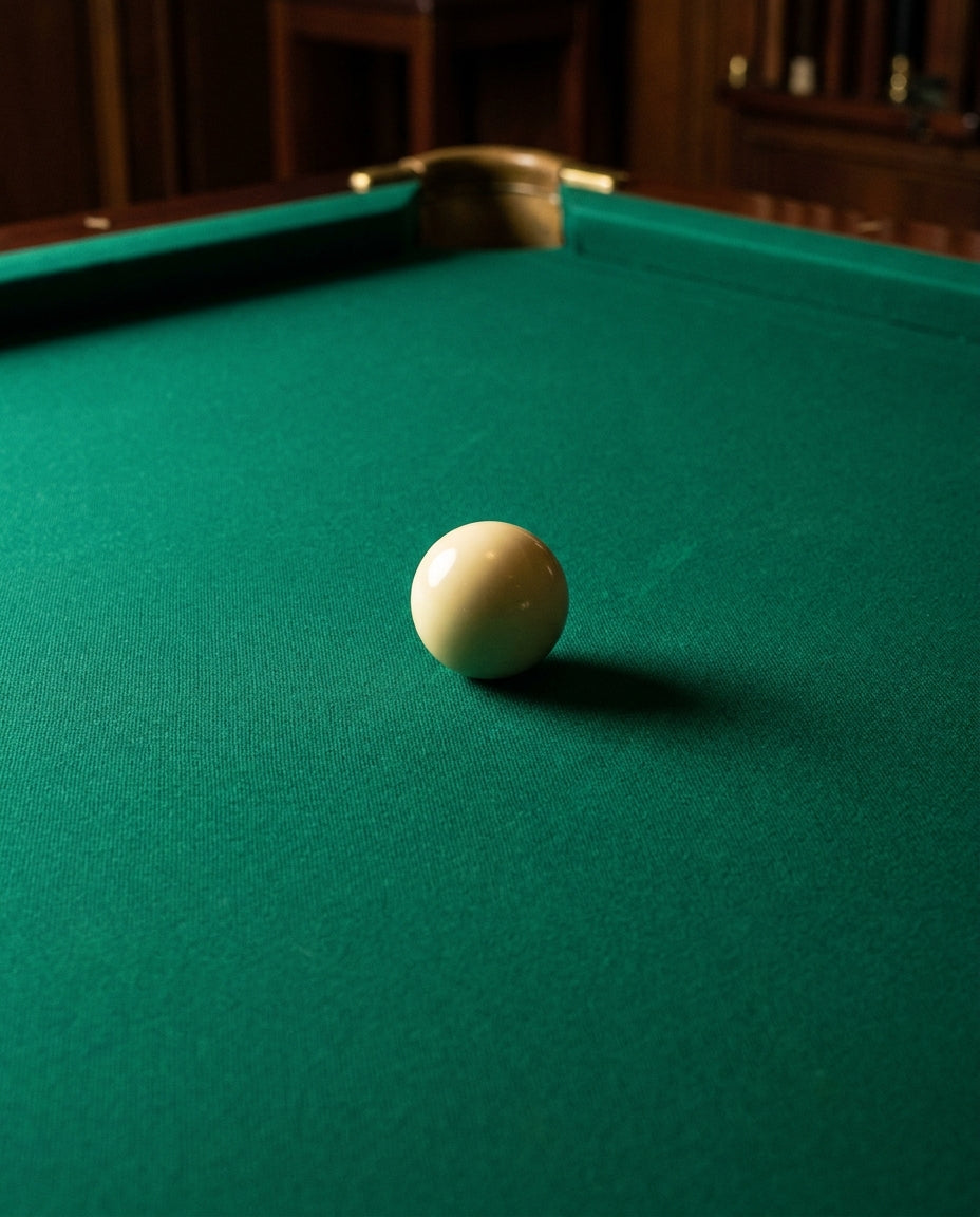 Close-up of a smooth green billiard cloth on a pool table with a single white cue ball resting on the surface under warm studio lighting.