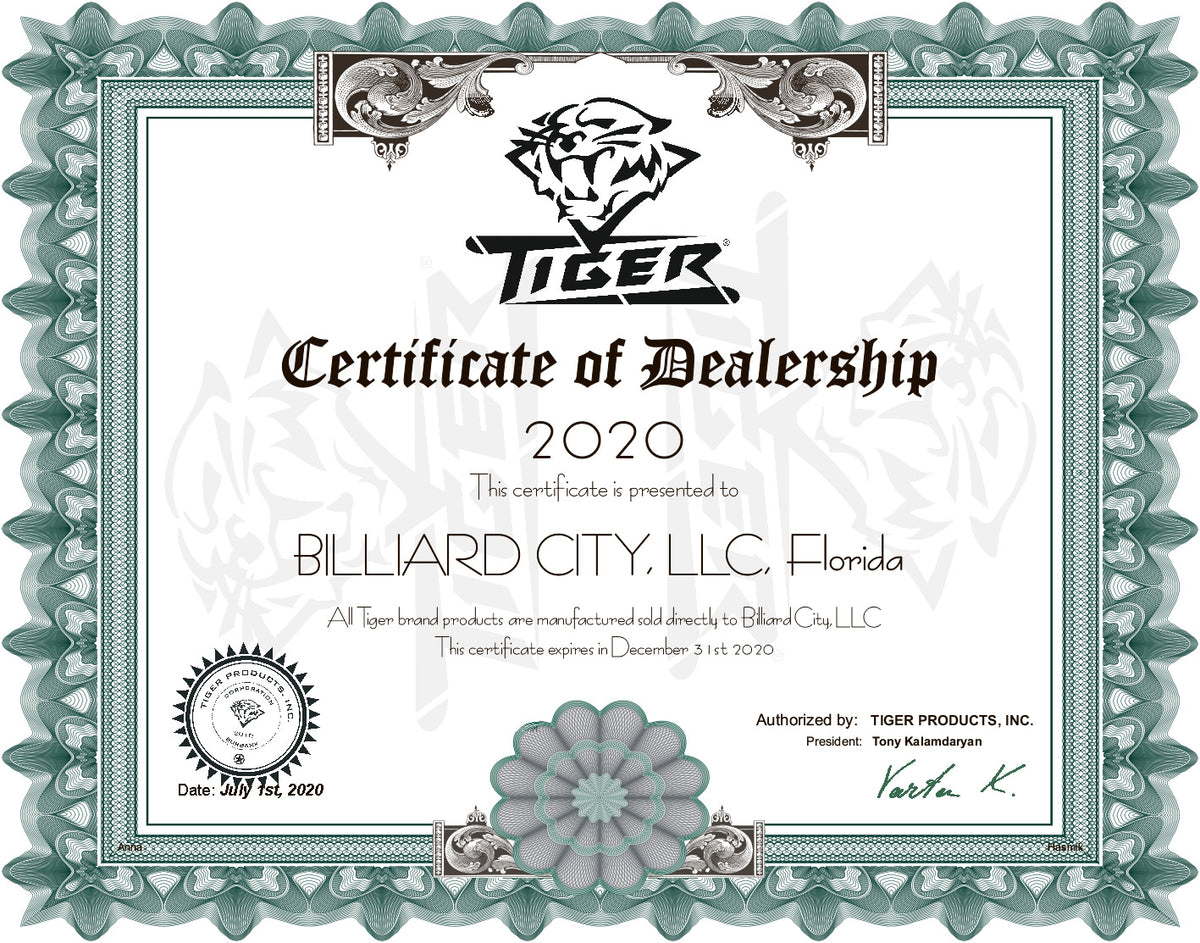 Tiger Products official dealership certificate 2020 issued to Billiard City LLC